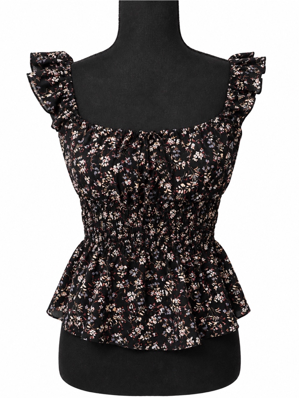 Moa Moa Black Floral Smocked Peplum Tank